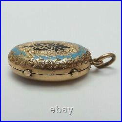 Victorian14K GF Hand Engraved Enamel Mourning Double Photo Locket Charm Pendant