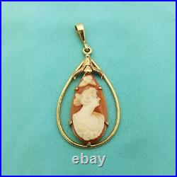 Victorian 10K Gold Hand Carved Cameo Pendant-1900-Antique-Teardrop-Lavalier