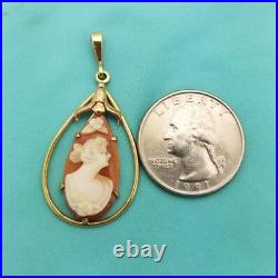 Victorian 10K Gold Hand Carved Cameo Pendant-1900-Antique-Teardrop-Lavalier