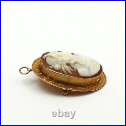 Victorian 10K Gold Hand Carved Shell Cameo Hand Etched Trim Pendant Brooch Pin