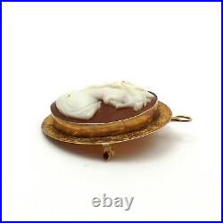 Victorian 10K Gold Hand Carved Shell Cameo Hand Etched Trim Pendant Brooch Pin