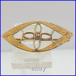 Victorian 10k Gold Floral Hand Etched Seed Pearl Brooch Pin