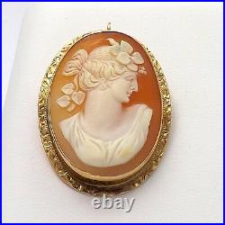 Victorian 10k Gold Hand Carved Frame Conch Shell Cameo Brooch Pin Pendant 8.0gr