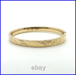 Victorian 12k Gold Filled Hand Etched Floral Flower Bangle Bracelet Hinged 7in