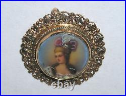 Victorian 14K Filigree Hand Painted Portrait Of A Beautiful Lady Pendant Brooch