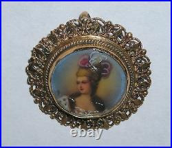 Victorian 14K Filigree Hand Painted Portrait Of A Beautiful Lady Pendant Brooch