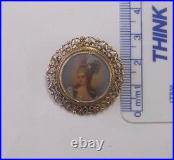 Victorian 14K Filigree Hand Painted Portrait Of A Beautiful Lady Pendant Brooch
