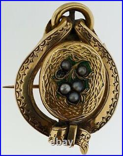 Victorian 14K Gold Engraved and Seed Pearls SetBuckle BroochWatch Fob+Pendant