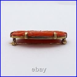 Victorian 14K Gold Natural Red Sea Coral Hand Carved Floral Brooch Pin