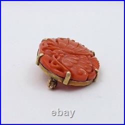 Victorian 14K Gold Natural Red Sea Coral Hand Carved Floral Brooch Pin