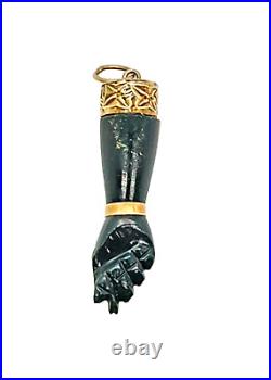 Victorian 14K Yellow Gold Green Onyx Figa Hand Fist Charm Pendant, 1.25 2.1 G