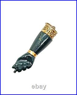 Victorian 14K Yellow Gold Green Onyx Figa Hand Fist Charm Pendant, 1.25 2.1 G