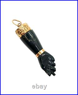 Victorian 14K Yellow Gold Green Onyx Figa Hand Fist Charm Pendant, 1.25 2.1 G
