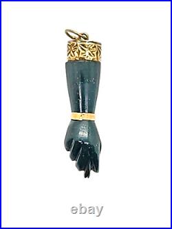 Victorian 14K Yellow Gold Green Onyx Figa Hand Fist Charm Pendant, 1.25 2.1 G