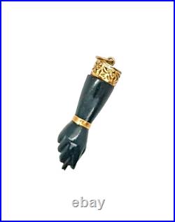 Victorian 14K Yellow Gold Green Onyx Figa Hand Fist Charm Pendant, 1.25 2.1 G
