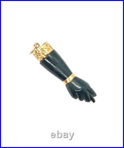 Victorian 14K Yellow Gold Green Onyx Figa Hand Fist Charm Pendant, 1.25 2.1 G