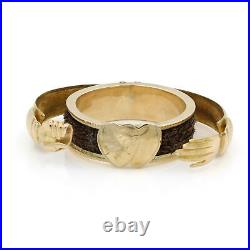 Victorian 14K Yellow Gold Holding Hands Hidden Hair Mourning Ring #J84768-1