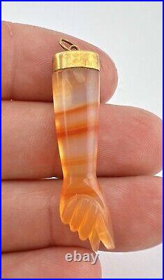 Victorian 14k Gold Banded Agate Figa Hand Malocchio Ward Off Evil Charm Pendant