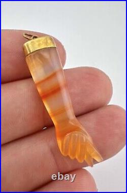 Victorian 14k Gold Banded Agate Figa Hand Malocchio Ward Off Evil Charm Pendant