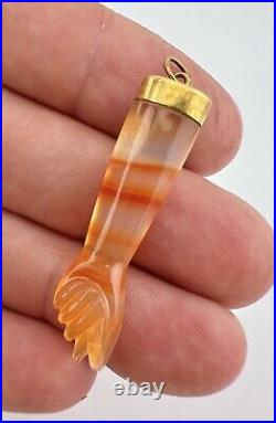 Victorian 14k Gold Banded Agate Figa Hand Malocchio Ward Off Evil Charm Pendant