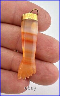 Victorian 14k Gold Banded Agate Figa Hand Malocchio Ward Off Evil Charm Pendant