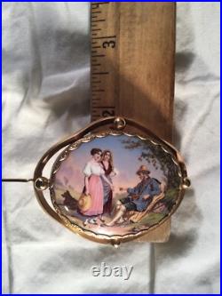 Victorian 14k Gold & Hand Painted Enamel Ladies Collar Brooch