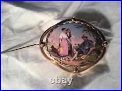Victorian 14k Gold & Hand Painted Enamel Ladies Collar Brooch
