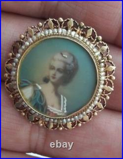 Victorian 14k Gold Hand Pianted Woman Portrait Brooch Pendant With Seed Pearls