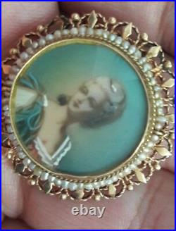 Victorian 14k Gold Hand Pianted Woman Portrait Brooch Pendant With Seed Pearls