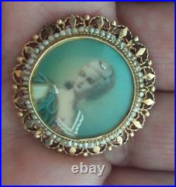 Victorian 14k Gold Hand Pianted Woman Portrait Brooch Pendant With Seed Pearls