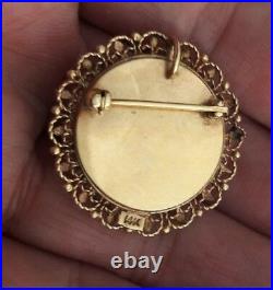 Victorian 14k Gold Hand Pianted Woman Portrait Brooch Pendant With Seed Pearls
