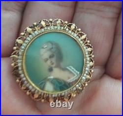 Victorian 14k Gold Hand Pianted Woman Portrait Brooch Pendant With Seed Pearls