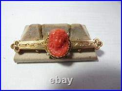 Victorian 14k Gold Pin / Brooch Hand Carved Natural Coral