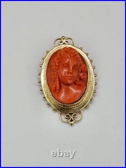 Victorian 14k Hand Carved Pink Salmon Coral Cameo Brooch & Pendant