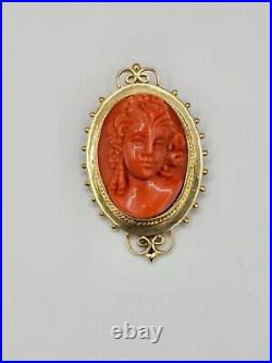 Victorian 14k Hand Carved Pink Salmon Coral Cameo Brooch & Pendant