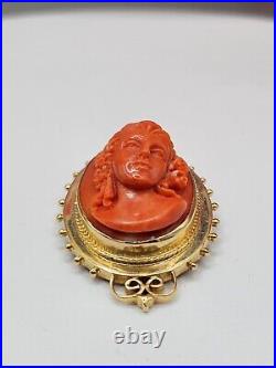 Victorian 14k Hand Carved Pink Salmon Coral Cameo Brooch & Pendant