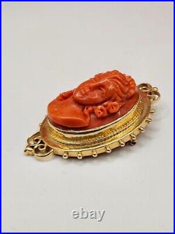 Victorian 14k Hand Carved Pink Salmon Coral Cameo Brooch & Pendant