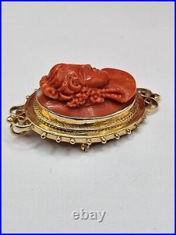 Victorian 14k Hand Carved Pink Salmon Coral Cameo Brooch & Pendant