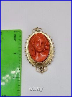 Victorian 14k Hand Carved Pink Salmon Coral Cameo Brooch & Pendant
