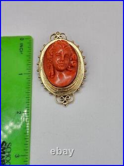 Victorian 14k Hand Carved Pink Salmon Coral Cameo Brooch & Pendant