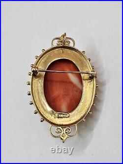 Victorian 14k Hand Carved Pink Salmon Coral Cameo Brooch & Pendant