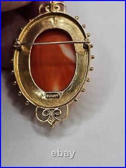 Victorian 14k Hand Carved Pink Salmon Coral Cameo Brooch & Pendant