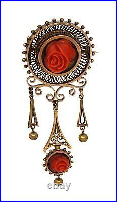 Victorian 14k Yellow Gold and Hand Carved Red Coral Flower Pin Brooch