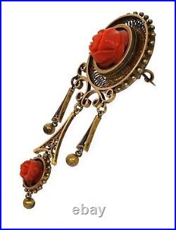 Victorian 14k Yellow Gold and Hand Carved Red Coral Flower Pin Brooch