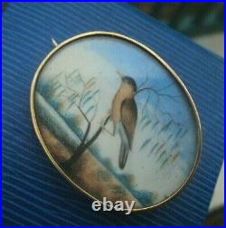 Victorian 15ct Gold Sweetheart / Memorial Brooch Photo Locket Hand Painted Bird