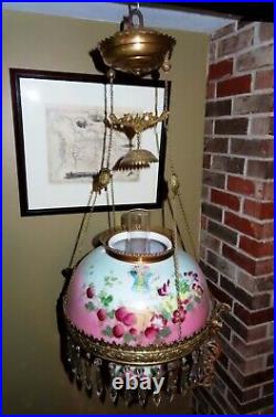 Victorian 1800's Hand Painted Hanging Parlour Lamp with Matching Font