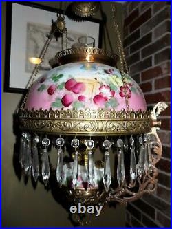 Victorian 1800's Hand Painted Hanging Parlour Lamp with Matching Font