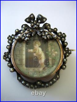 Victorian 1800's Sterling Silver Hand Painted Cherub Seed Pearls C Clasp Brooch