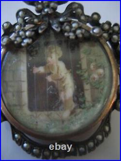 Victorian 1800's Sterling Silver Hand Painted Cherub Seed Pearls C Clasp Brooch