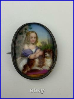 Victorian 1800's Sterling Silver Hand Painted Young Girl King Charles Dog Brooch